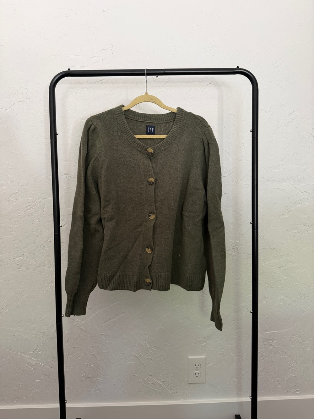 GAP Olive Knit Button-Front Cardigan with Puff Shoulders